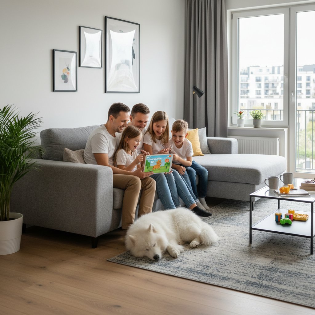Rodzina korzystająca z symulatora psa w nowoczesnym, polskim mieszkaniu