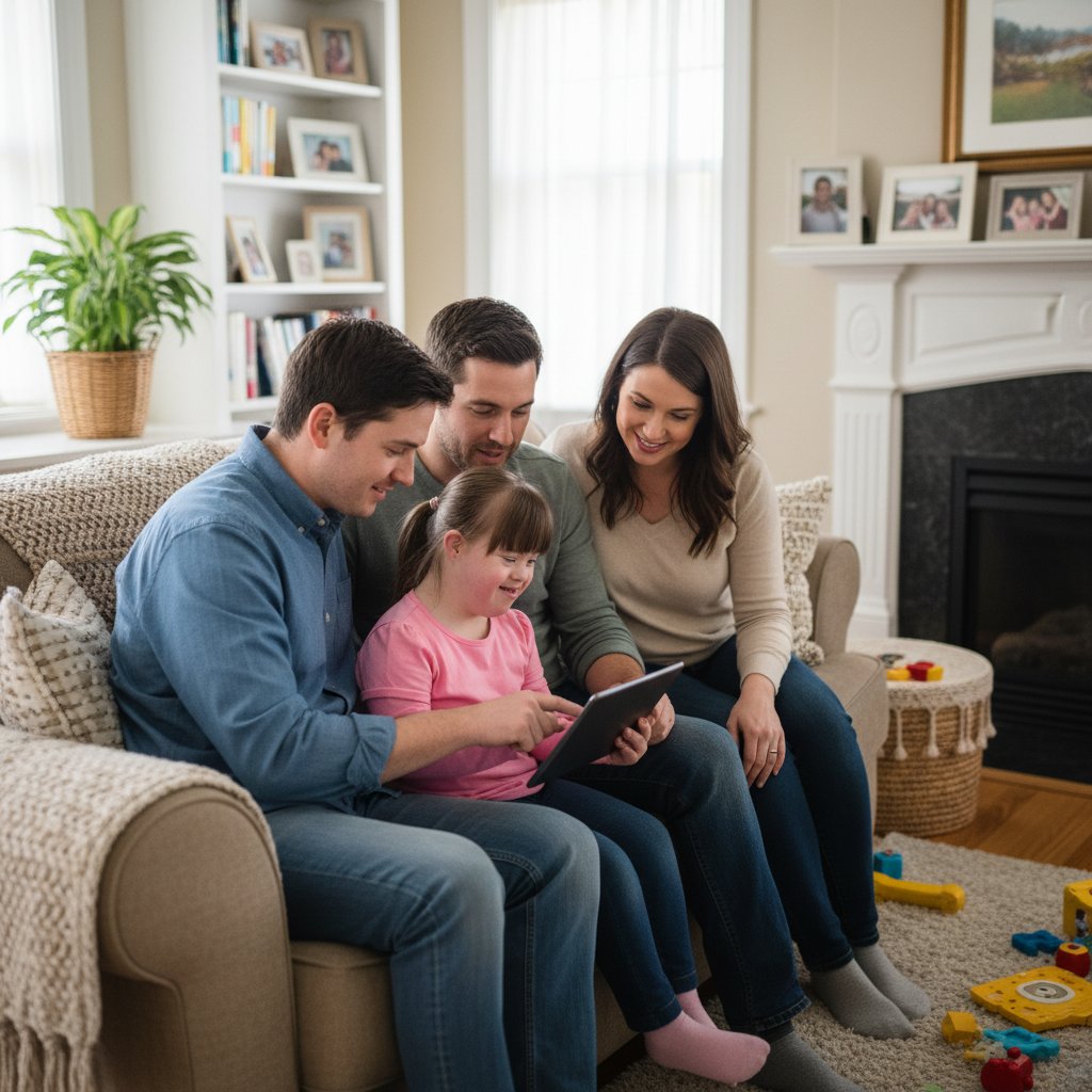 Rodzina z dzieckiem z zespołem Downa korzystająca z tabletu w domu