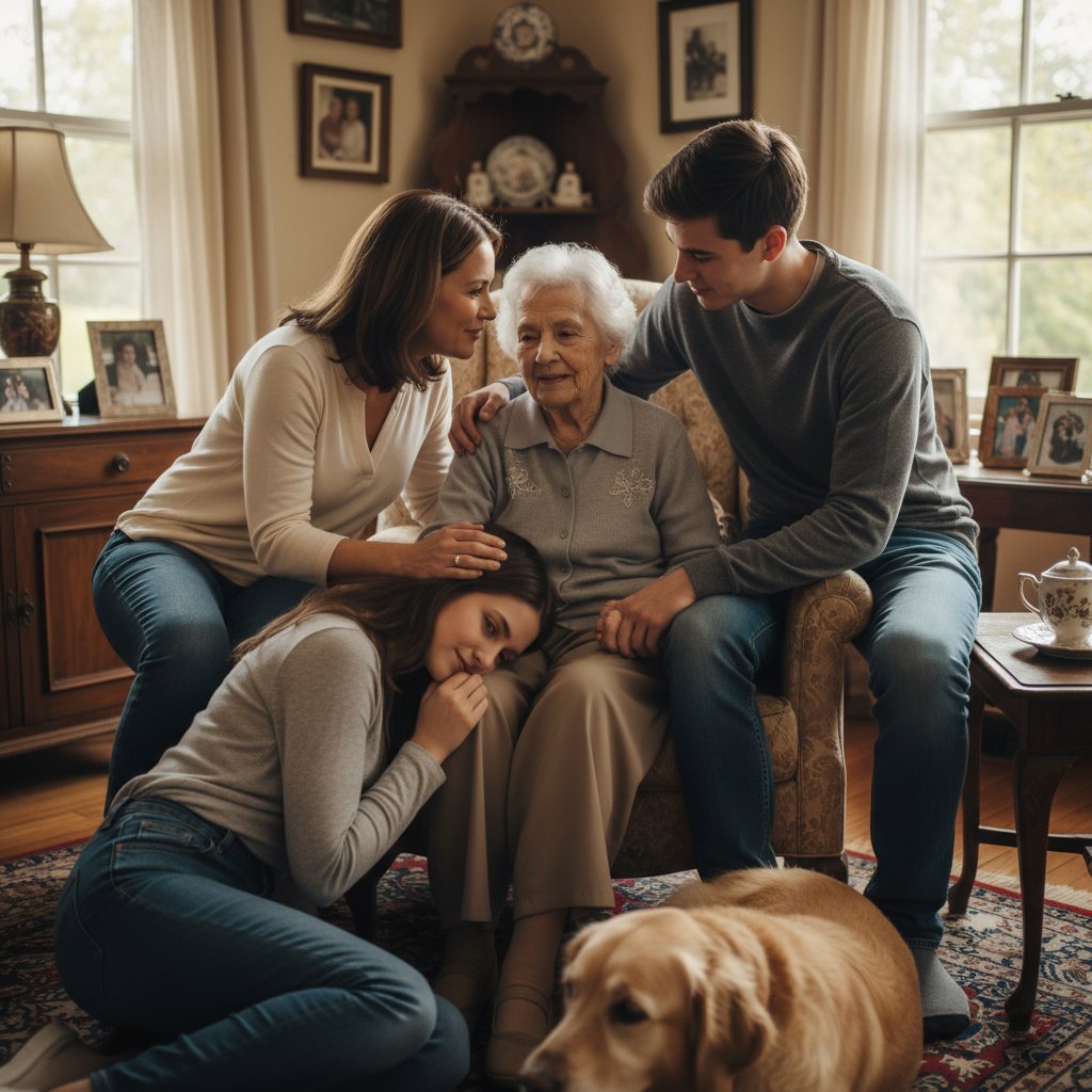 Rodzina obejmująca starszą osobę, symbol wsparcia i relacji