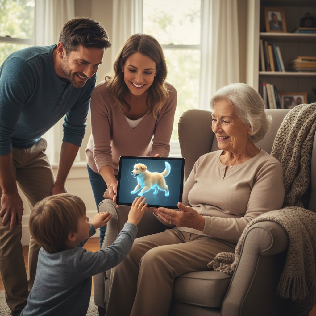 Rodzina pomagająca seniorowi korzystać z wirtualnego psa na tablecie