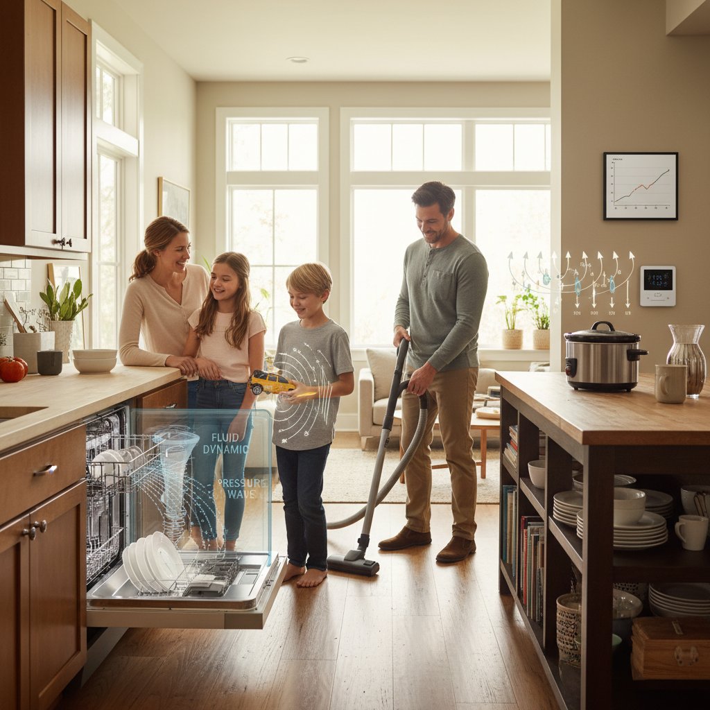 Rodzina korzystająca z urządzeń domowych, pokaz fizyki w codziennym życiu