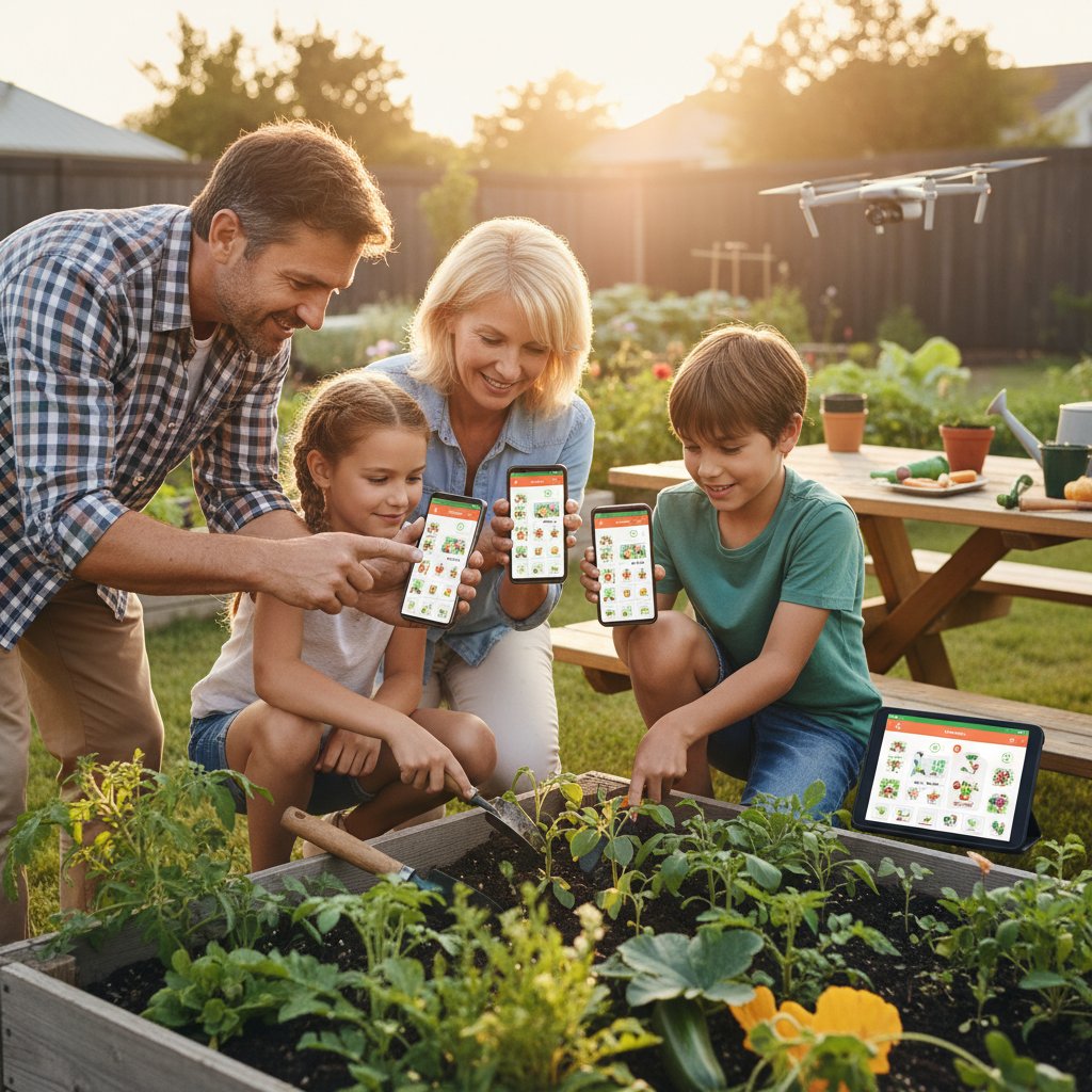 Rodzina pielęgnująca ogród za pomocą smartfonów, dzieci uczą się przez aplikację