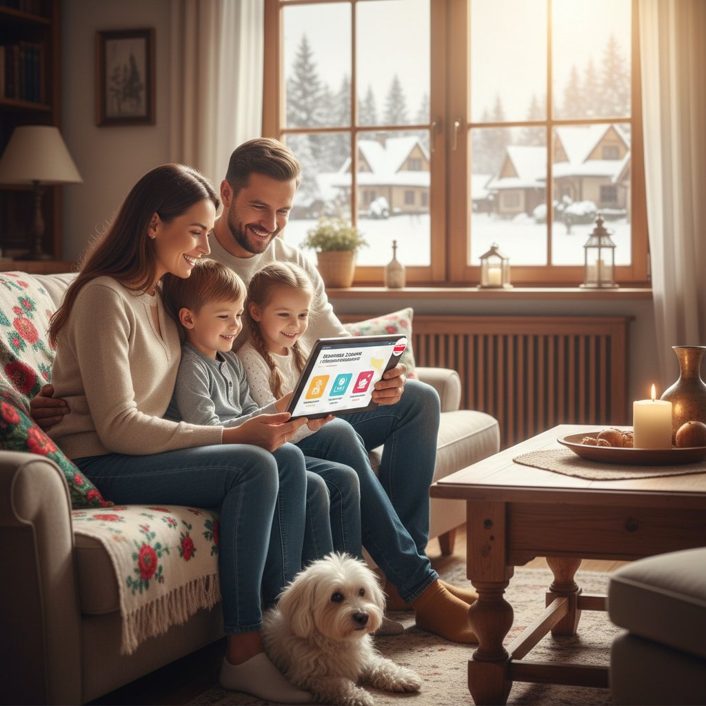 Rodzina korzysta z aplikacji zdrowotnej w domowej atmosferze, uśmiechy, poczucie bezpieczeństwa