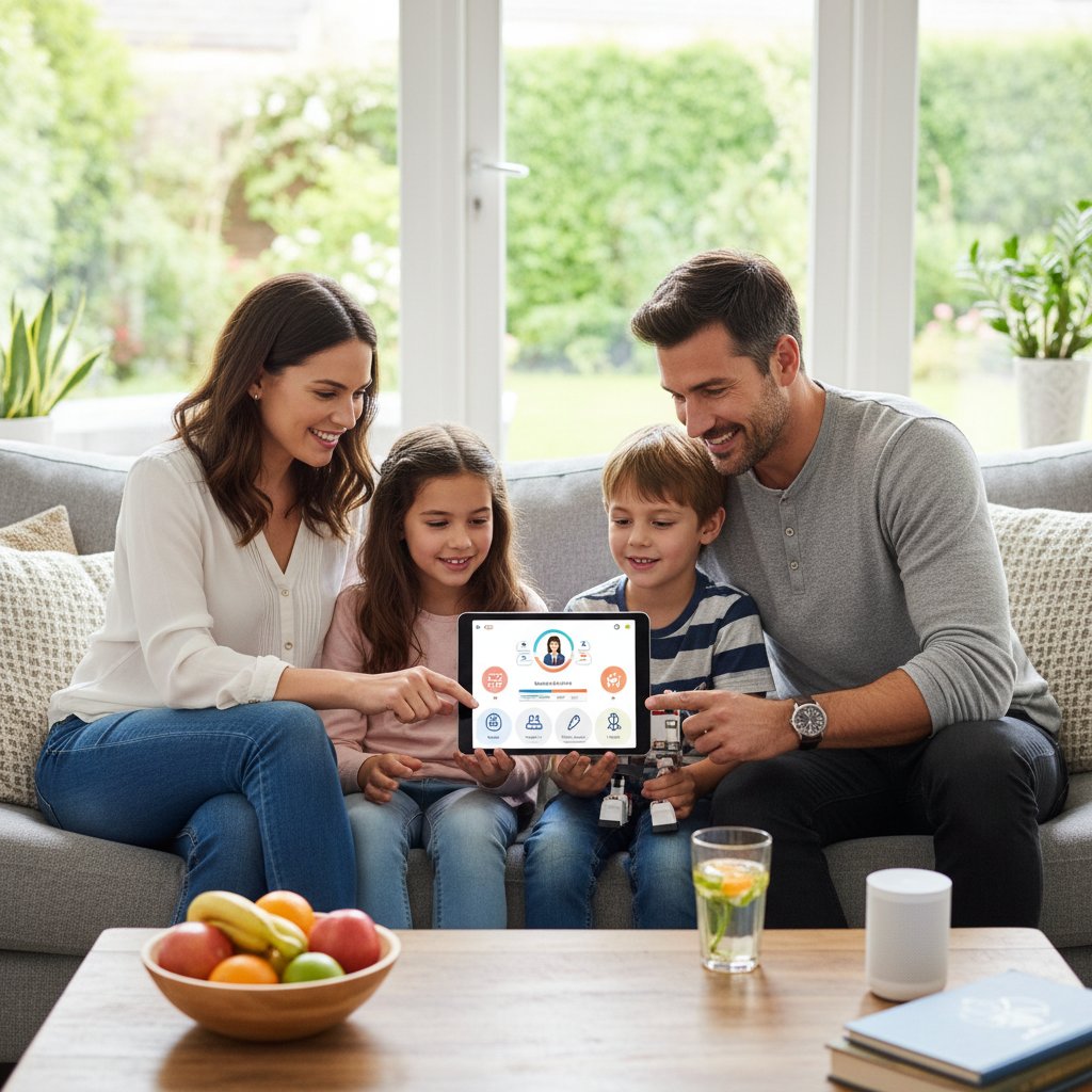 Rodzina korzystająca z aplikacji zdrowotnej na tablecie, domowa scena, technologia w służbie zdrowia