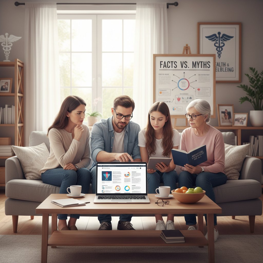 Rodzina analizuje razem rzetelne informacje zdrowotne w domowym zaciszu