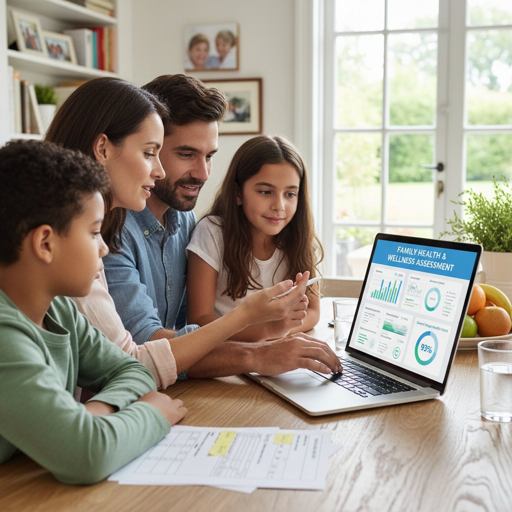 Rodzina analizująca wyniki kwestionariusza zdrowia na ekranie laptopa