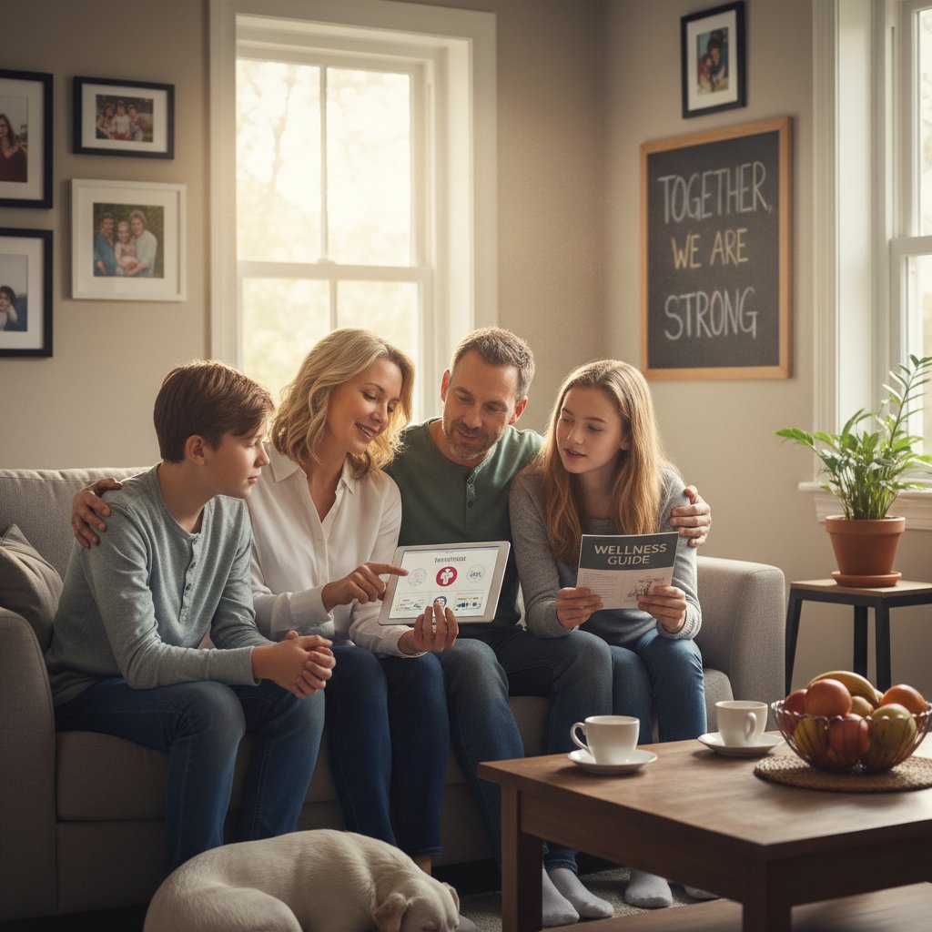 Rodzina omawiająca kwestie zdrowotne przy stole, wsparcie dla osób z polimialgią reumatyczną