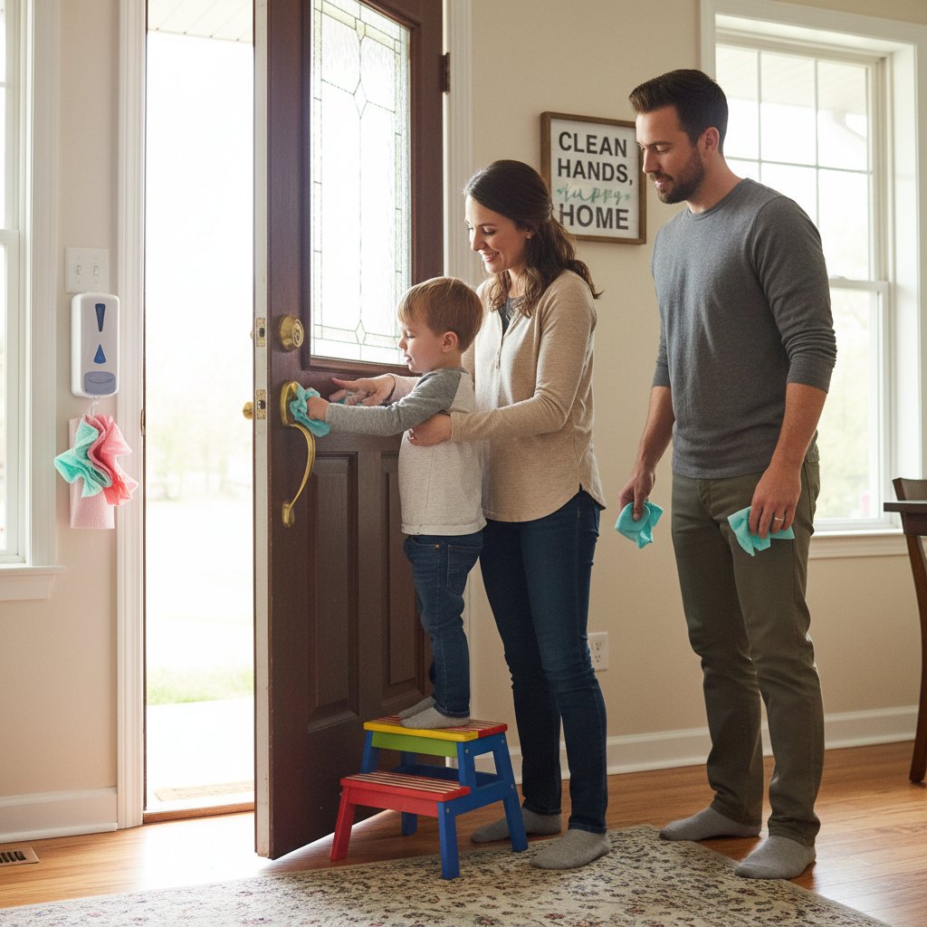 Ilustracyjne zdjęcie rodziny w domu, dziecko dotyka klamki, rodzice nie zwracają uwagi, słowa kluczowe: adenowirus, dezynfekcja, higiena