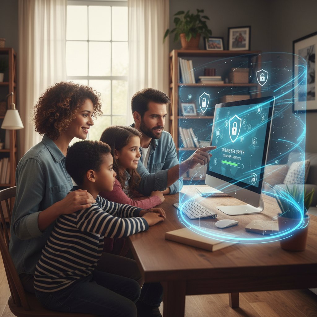 Rodzina w domu przed komputerem, zagrożenie online i bezpieczeństwo