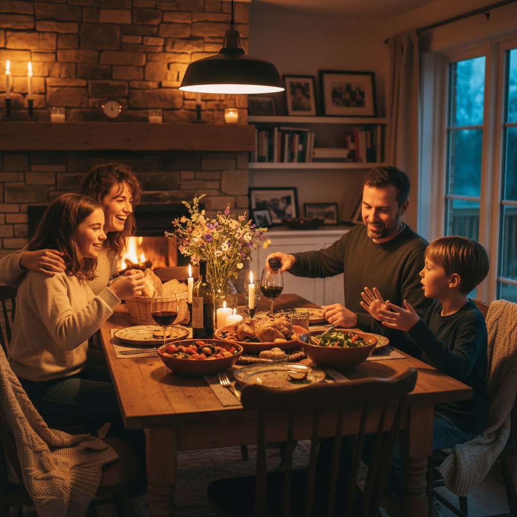 Rodzina rozmawiająca przy stole – kiedy ból brzucha nie jest alarmujący