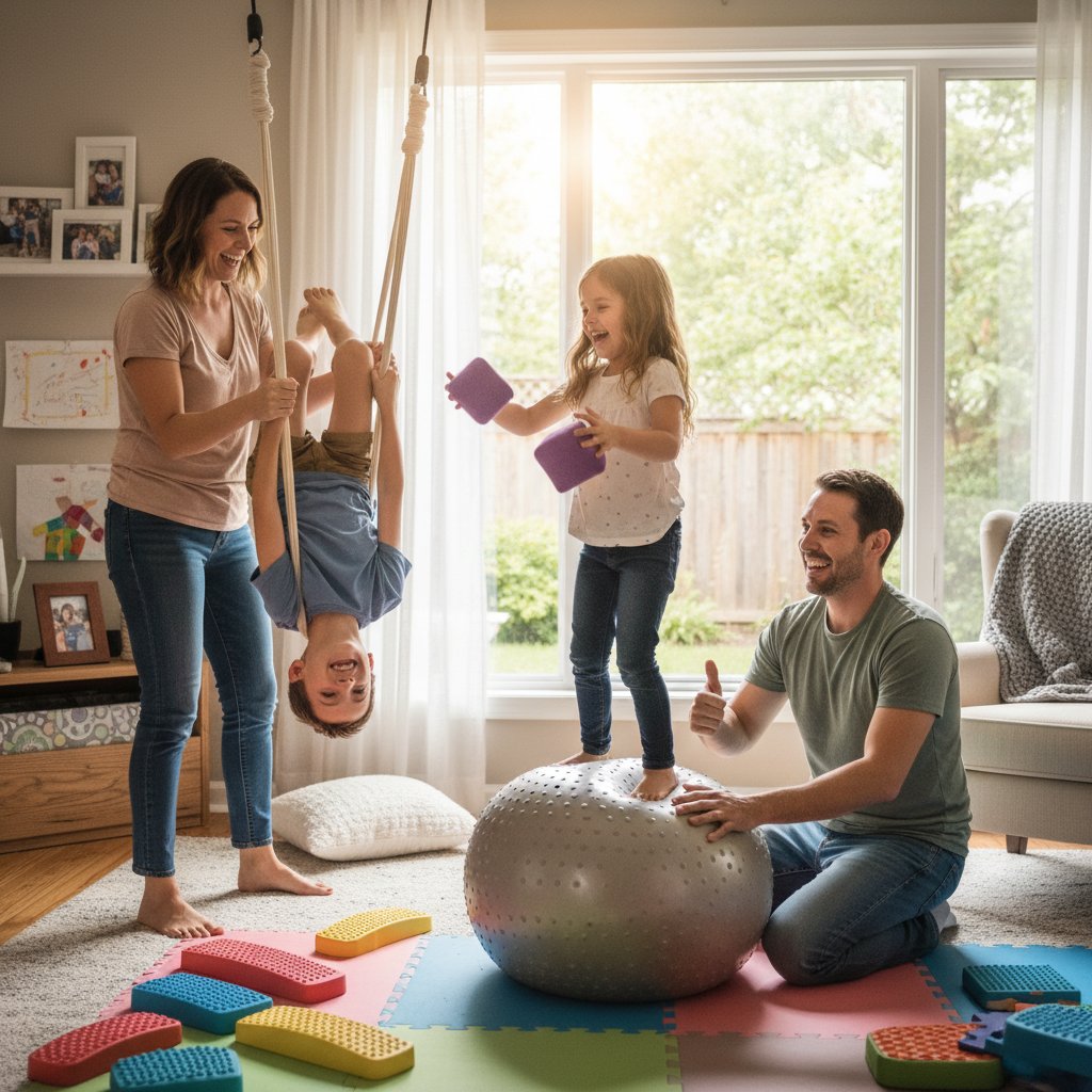 Rodzina ćwicząca wspólnie ćwiczenia SI w domu, uśmiechy, zaangażowanie