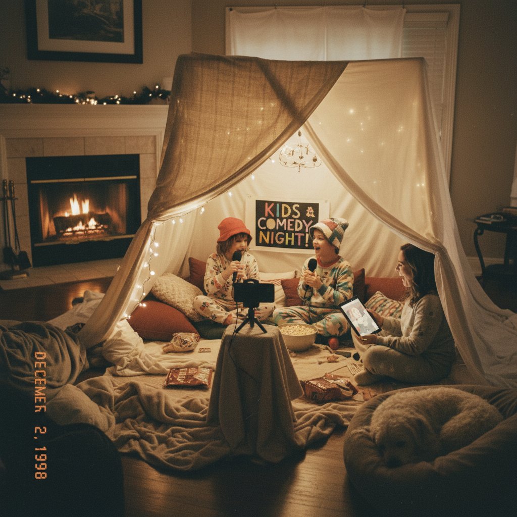 Family preparing a cozy home cinema for a kids’ comedy night, showing the joy of movie kids comedy cinema at home