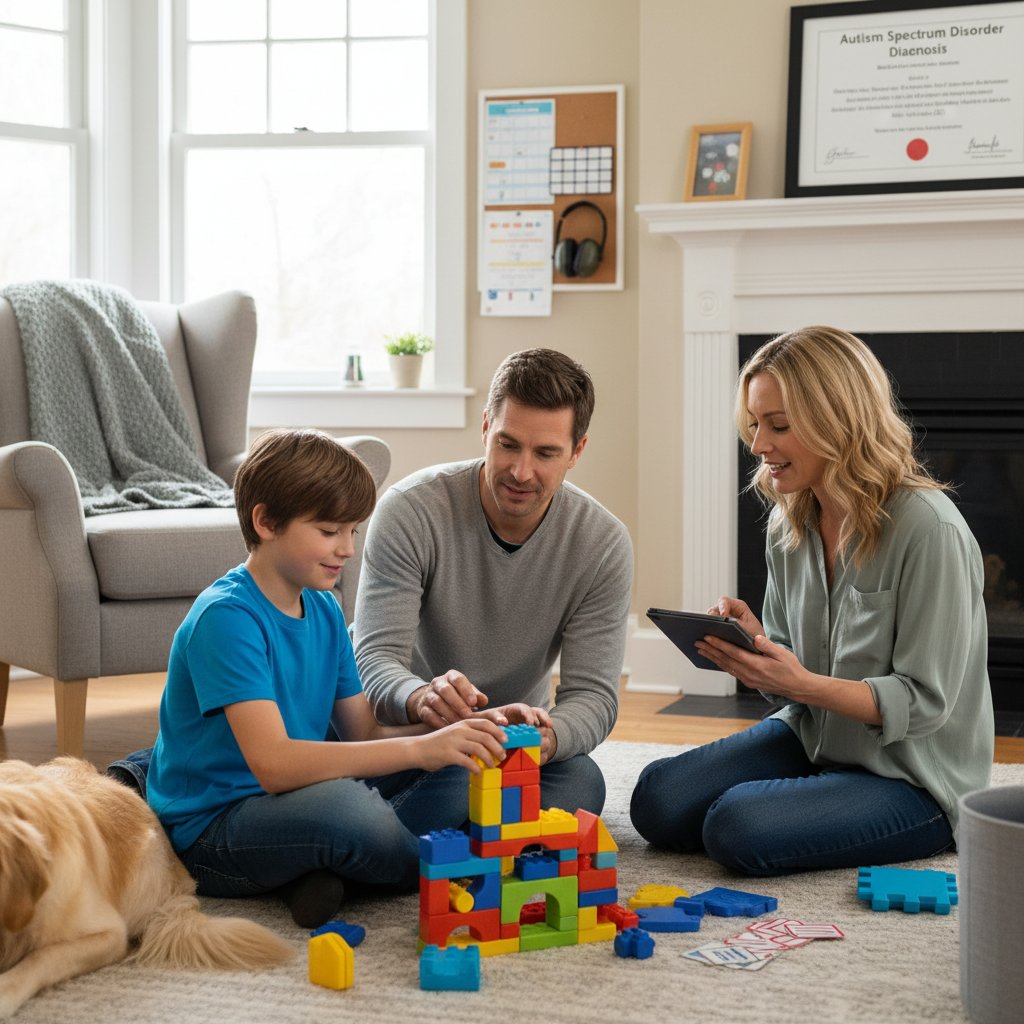 Rodzina w domu, rodzice i dziecko przy stole, rozmawiający i wspierający się – ilustracja procesu adaptacji po diagnozie