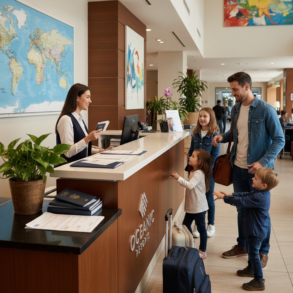 Rodzina podczas zameldowania z dziećmi w hotelu