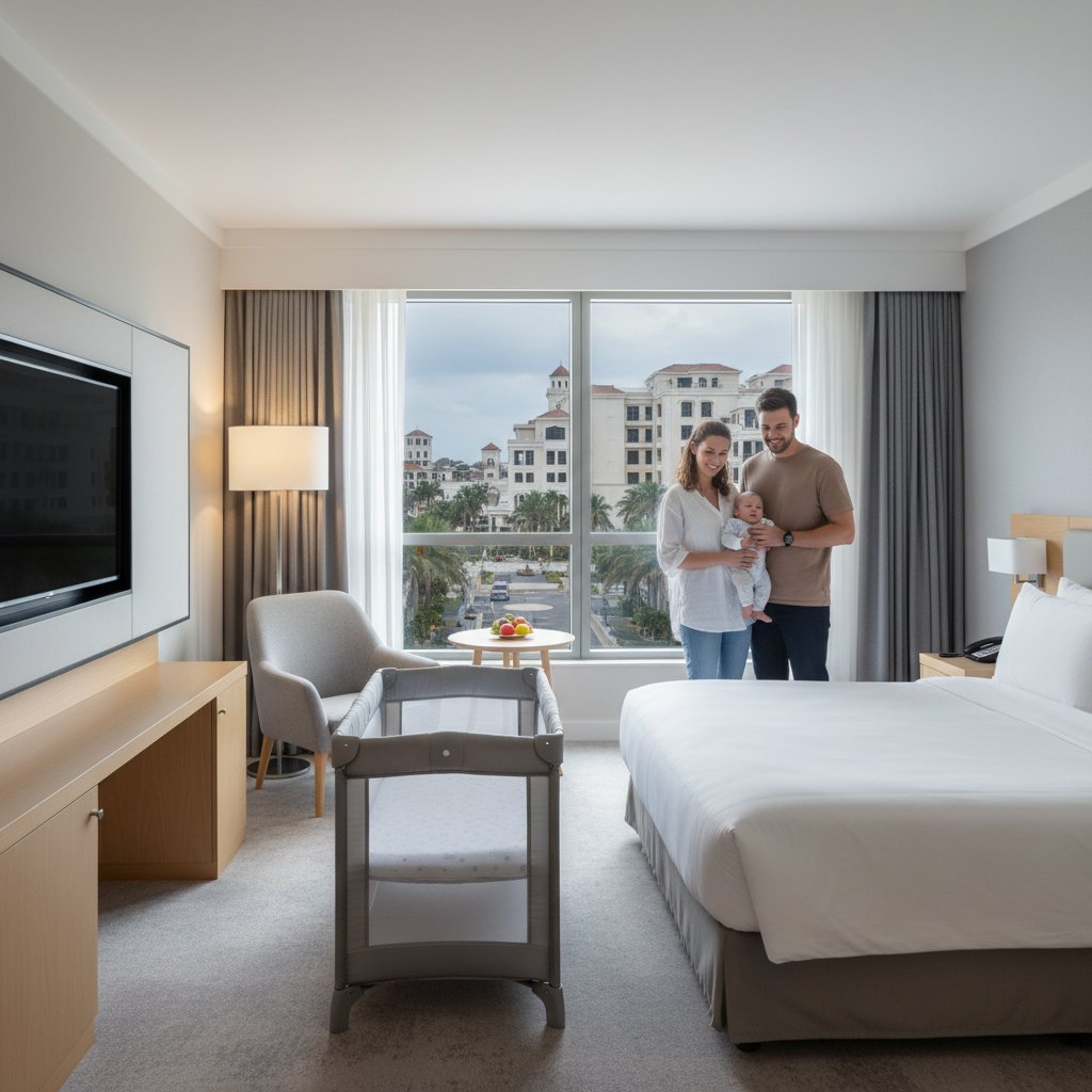 Rodzina z dzieckiem w nowoczesnym hotelu za granicą, jasne i przyjazne otoczenie, bezpieczne łóżeczko