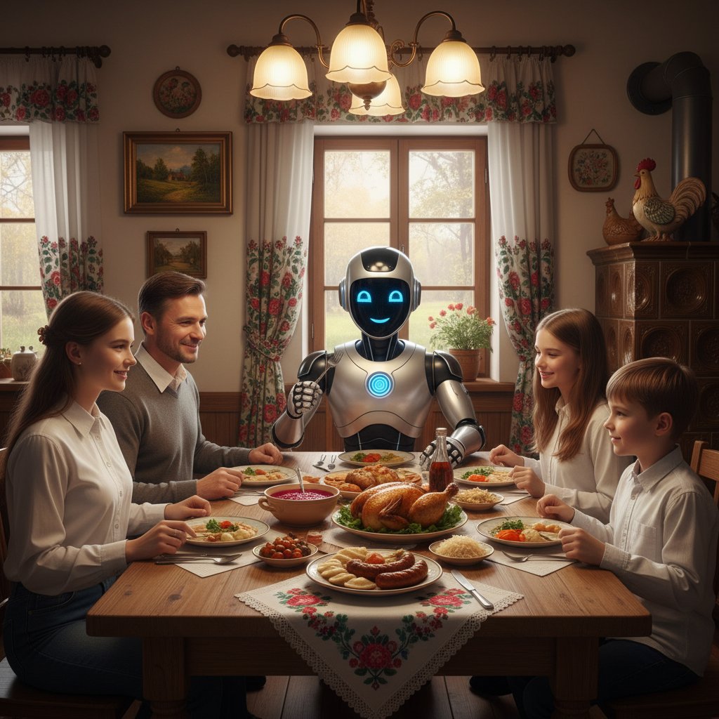 Rodzina siedząca przy stole z humanoidalnym robotem, wspólna kolacja w polskim domu