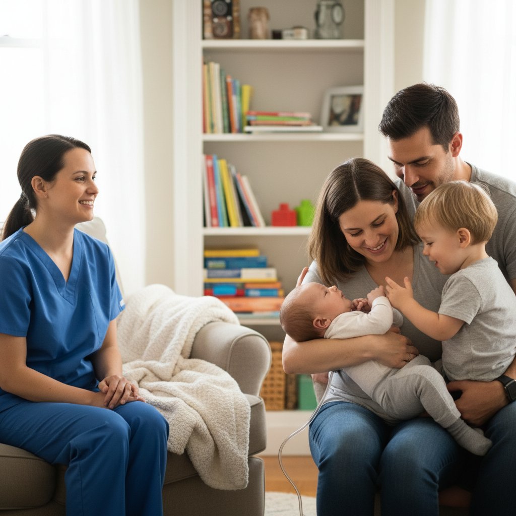 Rodzina wspierająca osobę z wodogłowiem w codzienności, ciepła atmosfera domowa