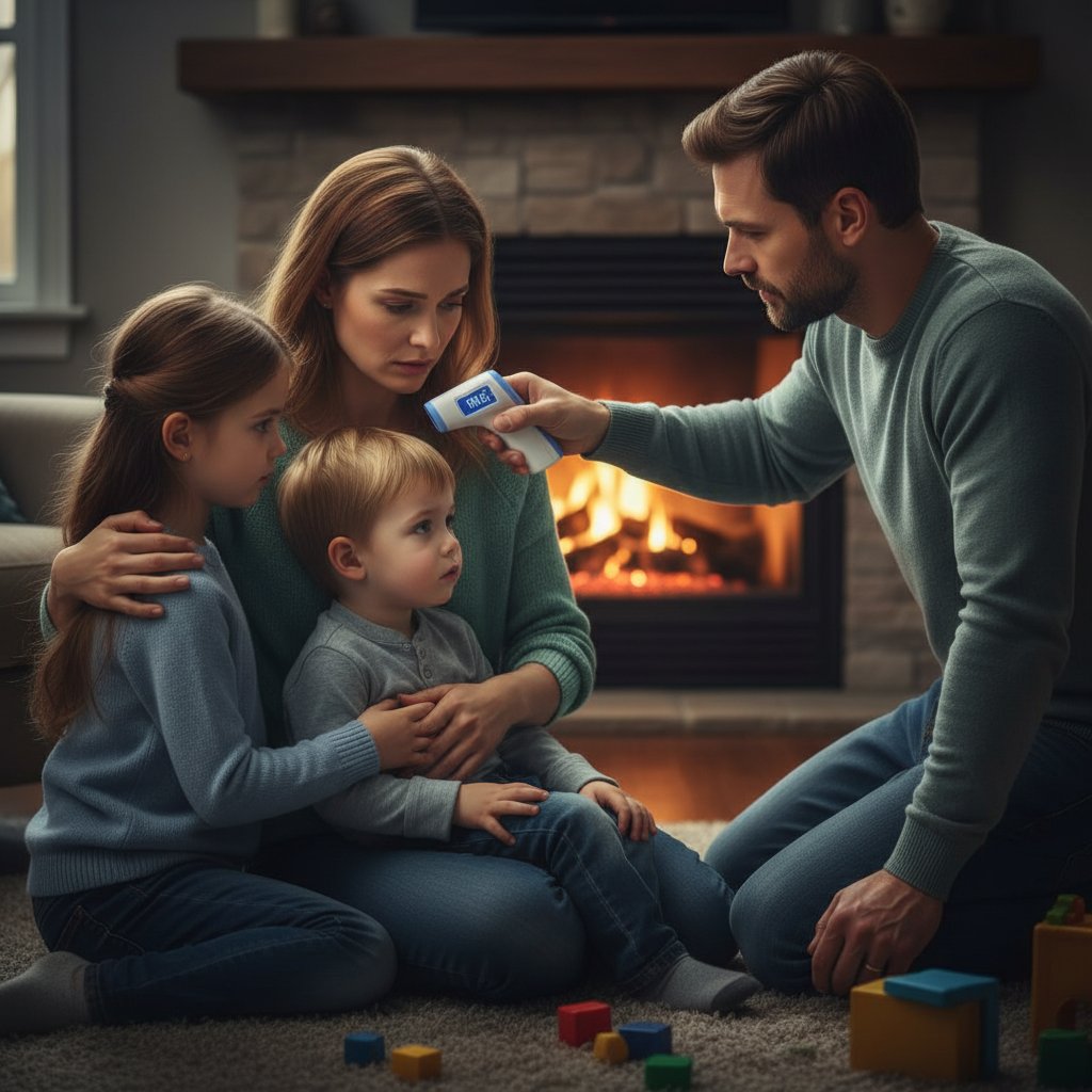 Rodzina używająca termometru bezdotykowego w stresującej sytuacji