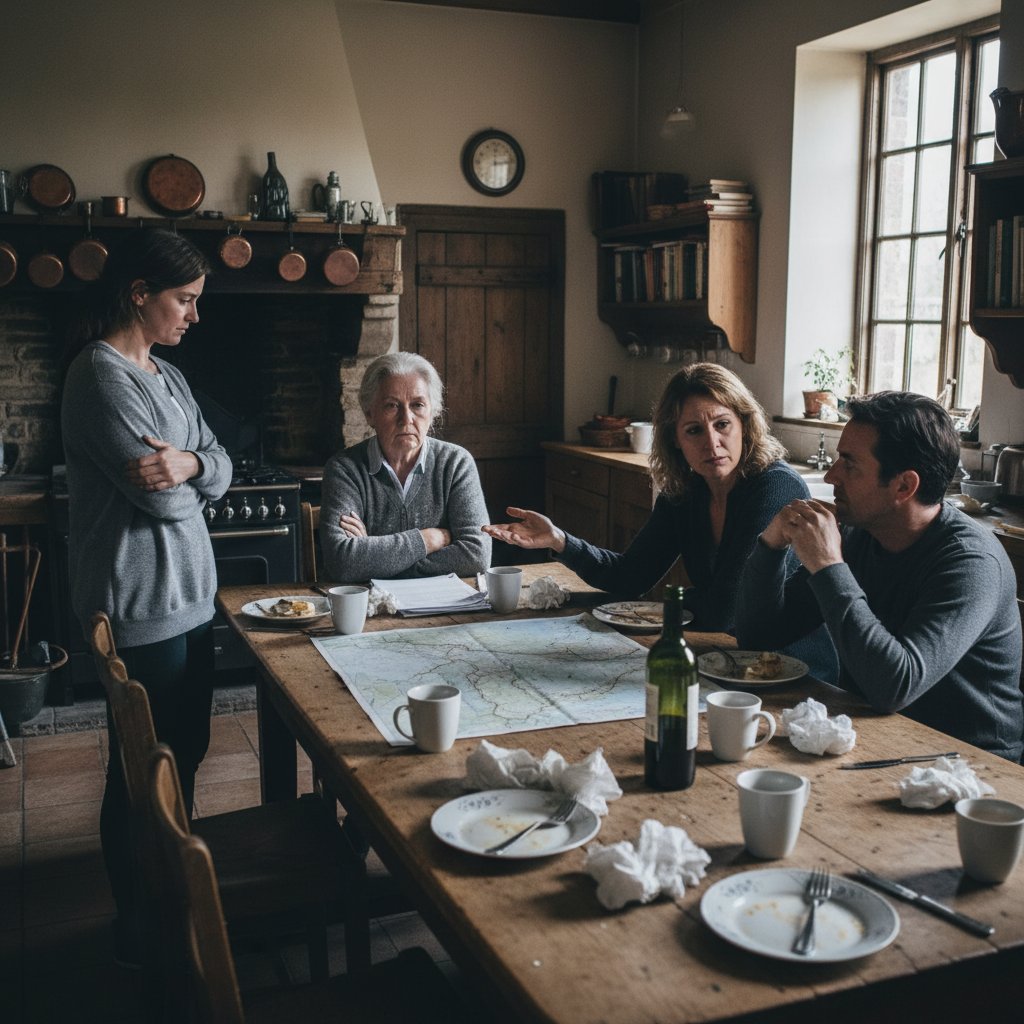 Rodzina rozmawiająca o spadku w kuchni, atmosfera napięcia, polskie realia