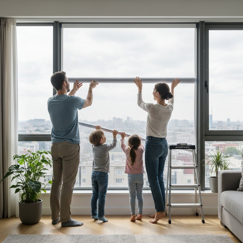 Rodzina zabezpieczająca okna siatką w mieszkaniu
