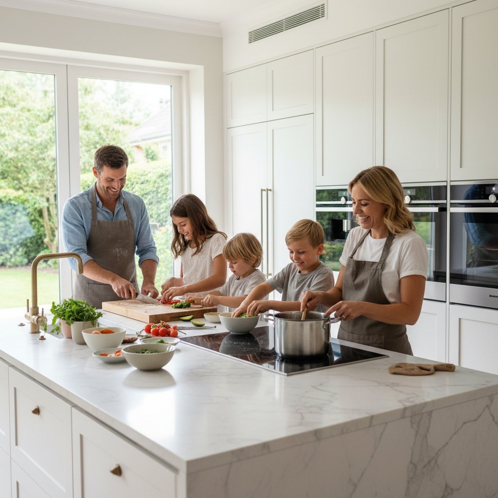 Rodzina z dziećmi wspólnie gotująca szybkie dania w nowoczesnej kuchni