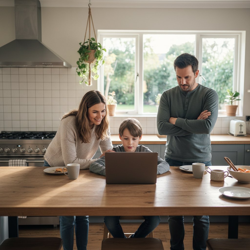Rodzina w kuchni, dziecko z laptopem, rodzice obserwują – dynamika korepetycji online w domu