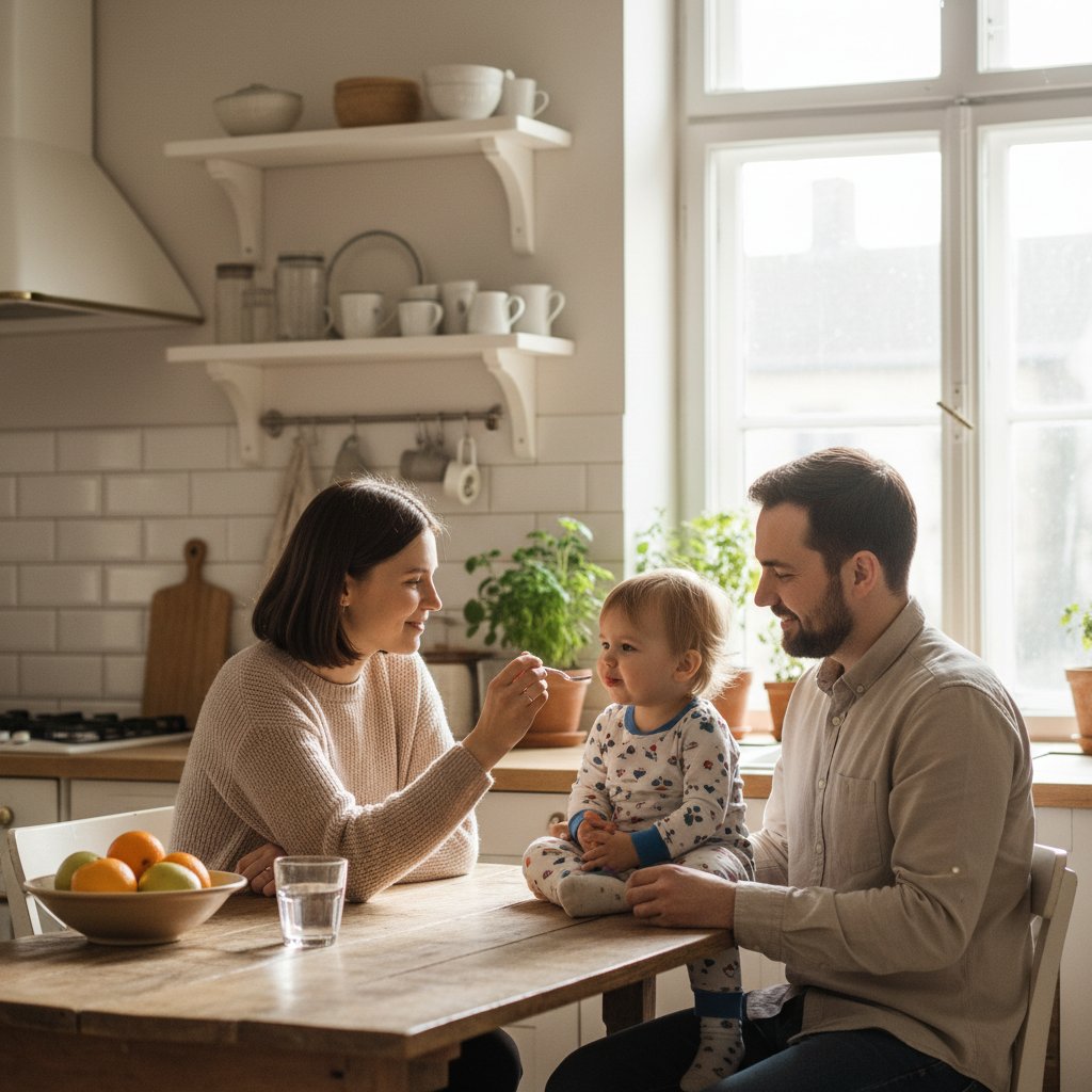 Rodzina w domowej kuchni podająca dziecku syrop na kaszel, błędy w leczeniu zapalenia oskrzelików