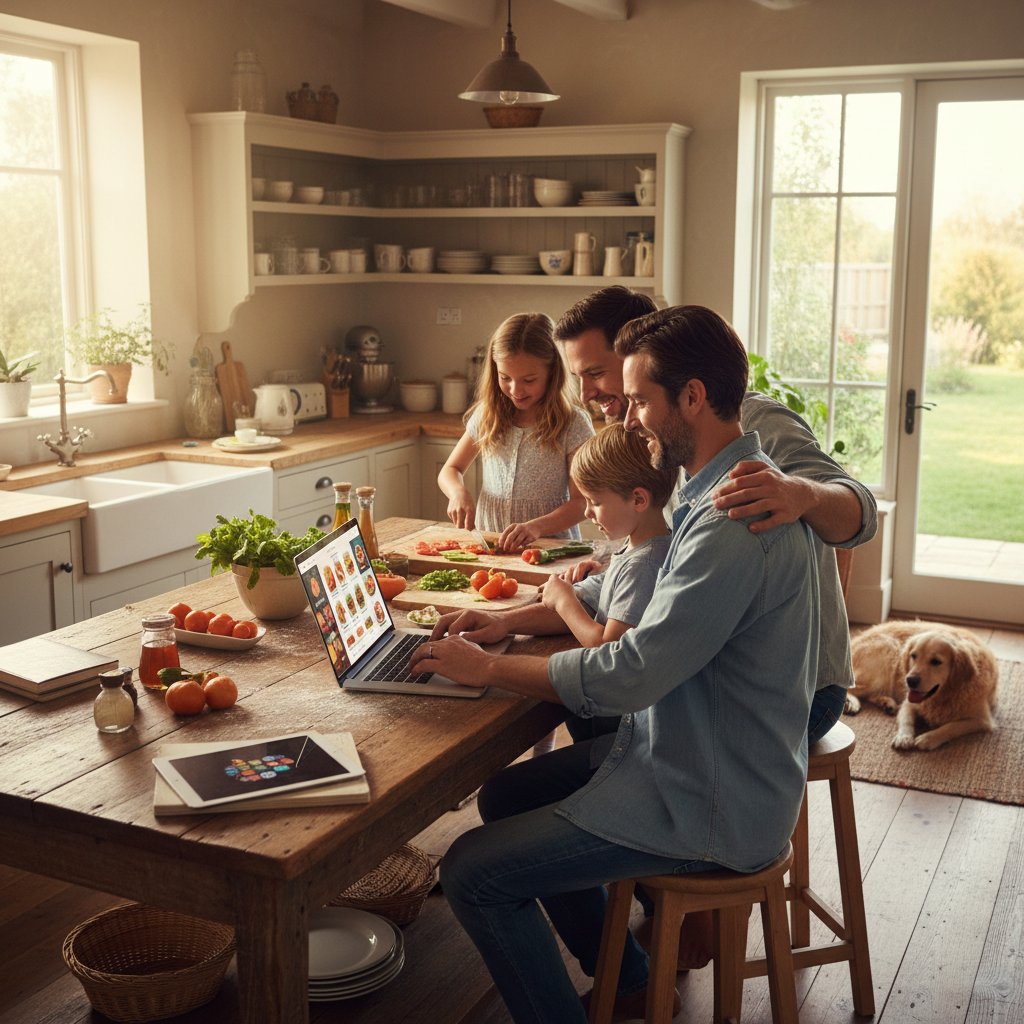 Rodzina wspólnie gotująca według planu posiłków, laptop na blacie kuchennym