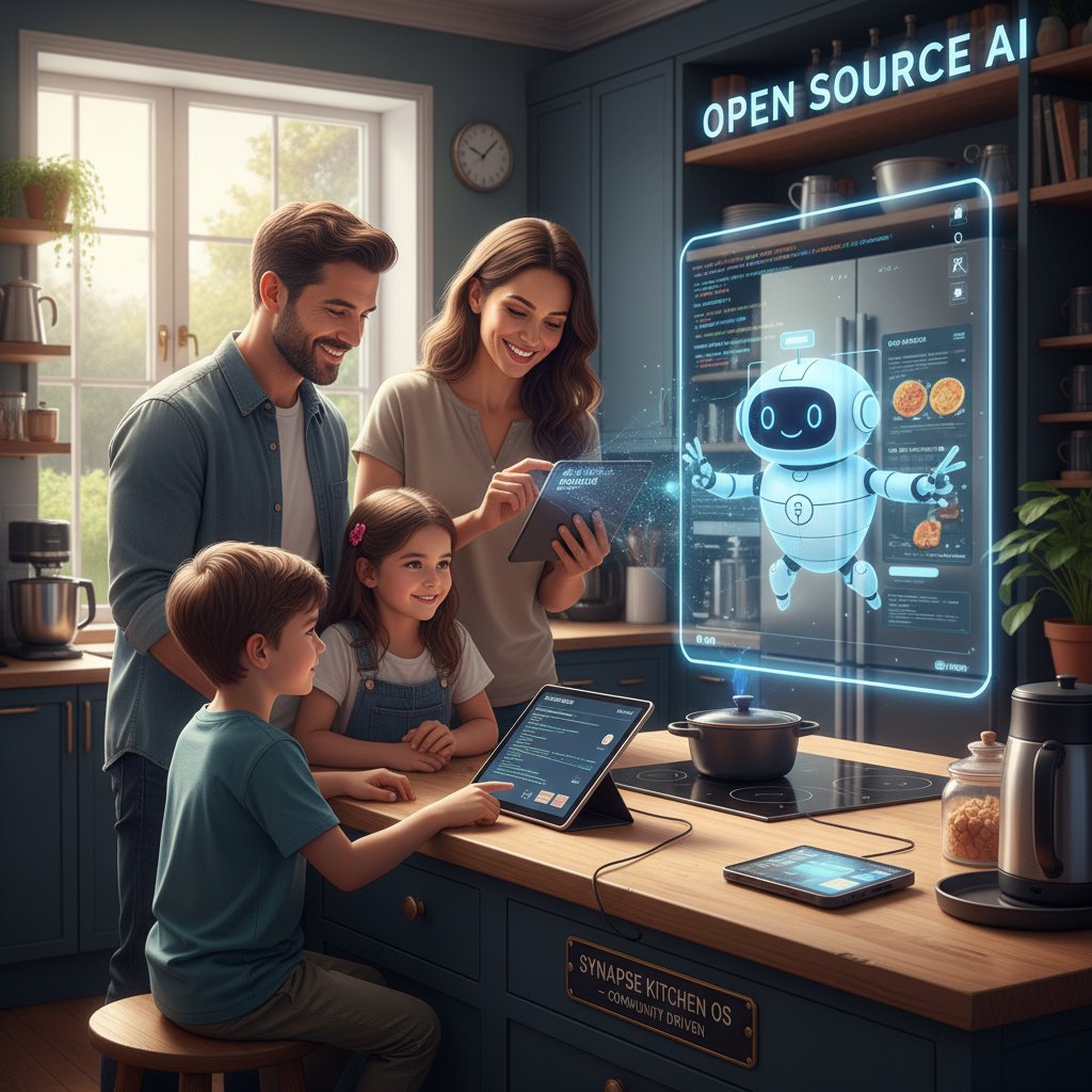 Rodzina korzystająca z domowego asystenta open source AI w kuchni