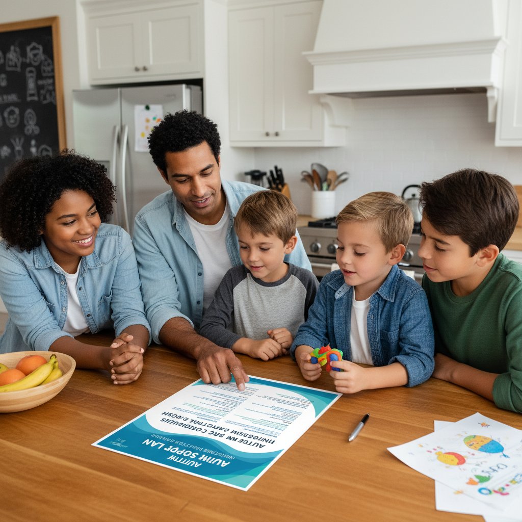 Rodzina przy stole w kuchni, planująca wsparcie po diagnozie autyzmu atypowego