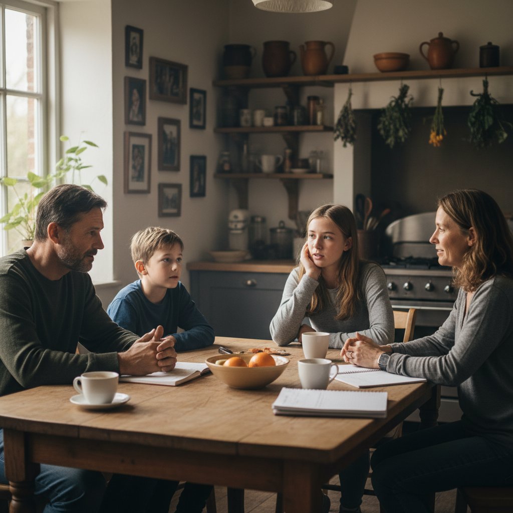 Rodzina podczas szczerej rozmowy przy stole kuchennym