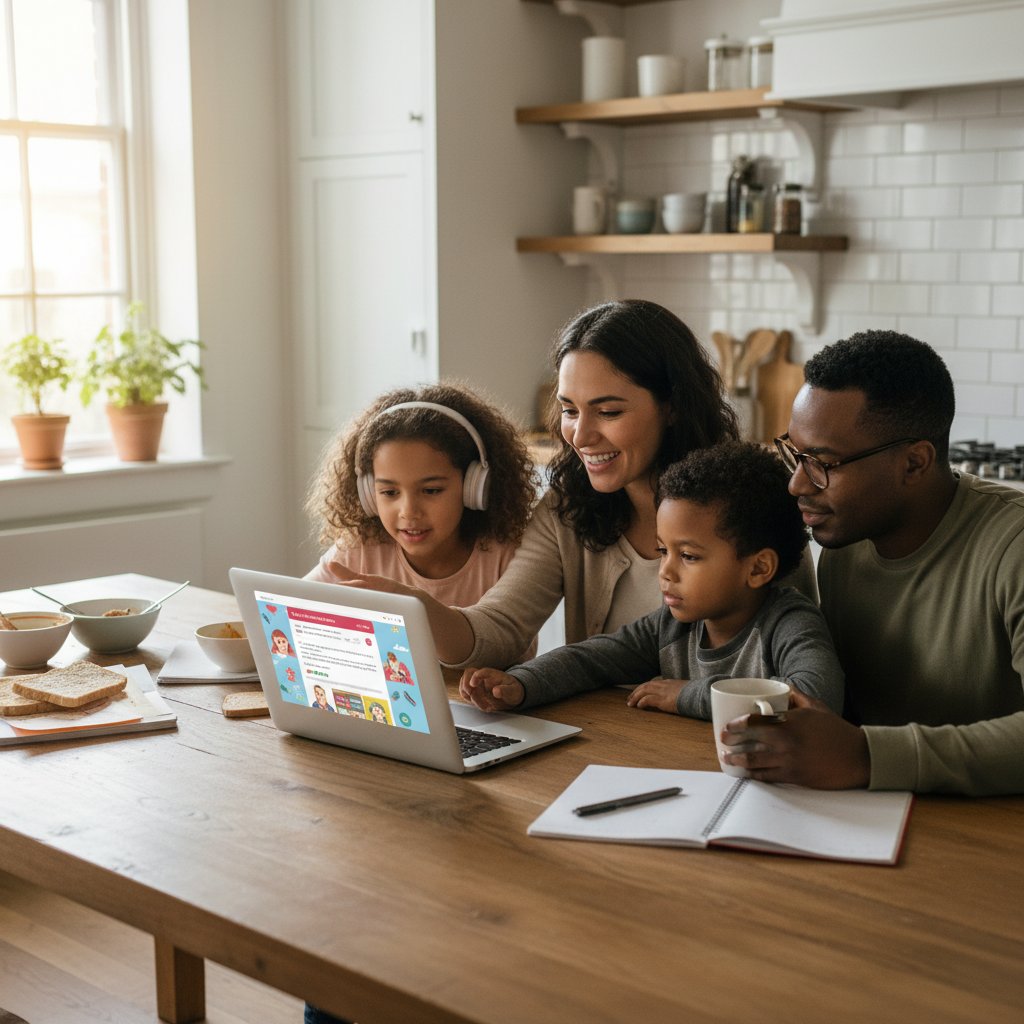 Rodzina przy stole oglądająca ekran laptopa, wspólna nauka online, słowa kluczowe: relacje rodzinne, edukacja domowa, korepetycje online