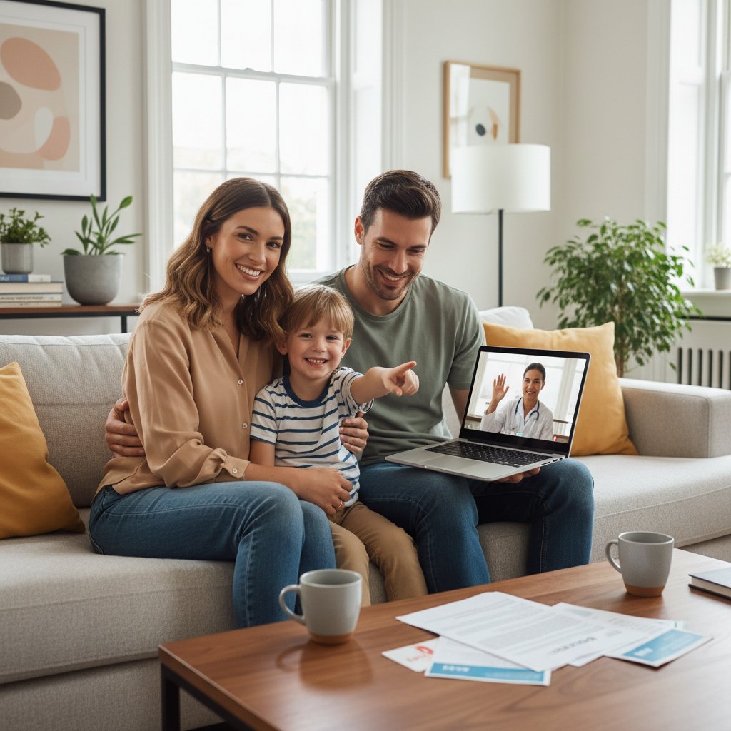Rodzina korzystająca z konsultacji pediatrycznej online, dziecko uśmiechnięte po rozmowie, nowoczesne wnętrze domu