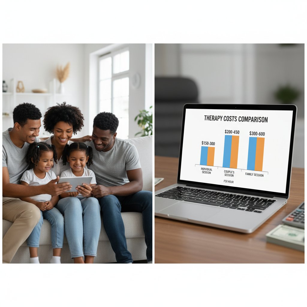 Rodzina przegląda ceny różnych form terapii na laptopie