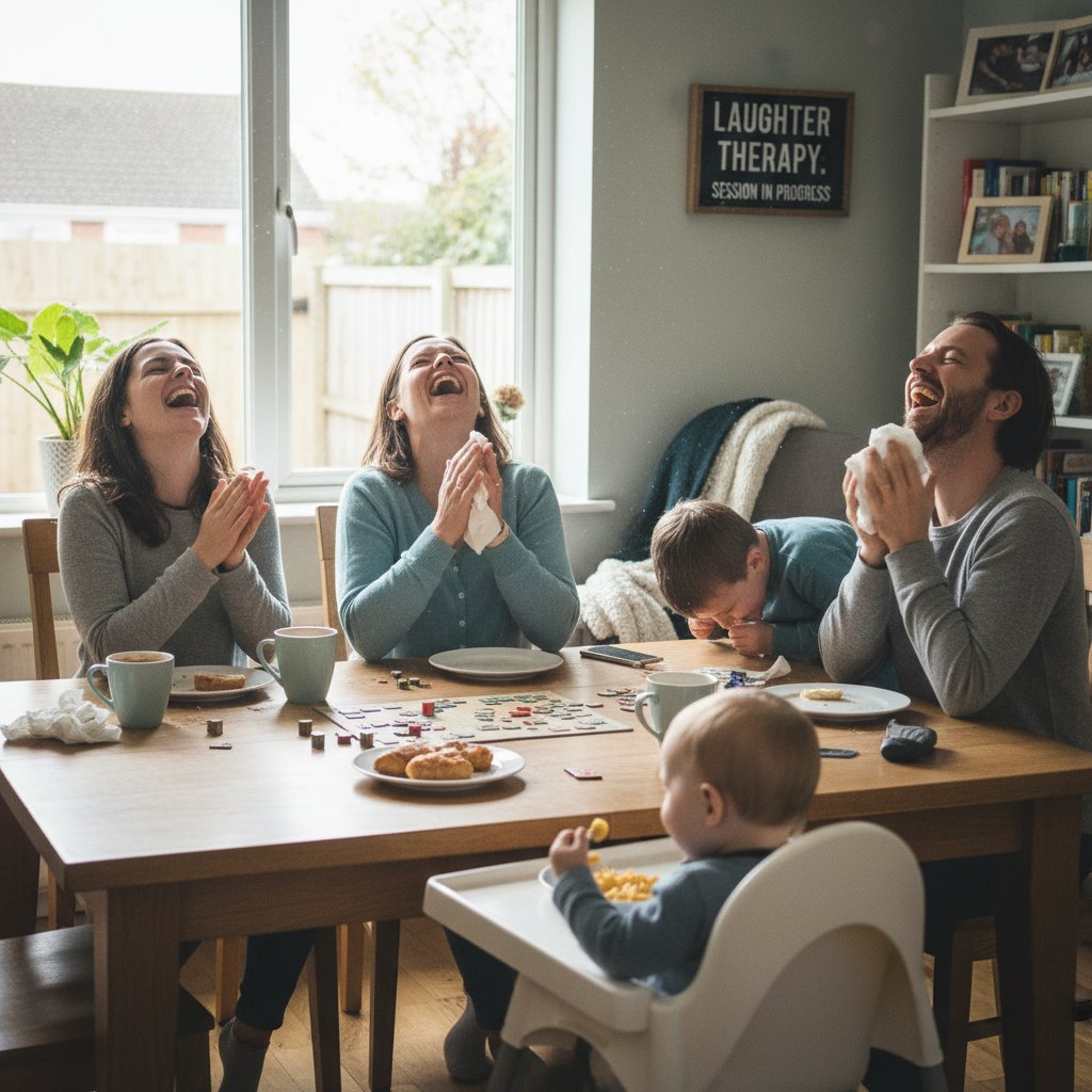 Rodzina śmiejąca się wspólnie przy stole, domowa atmosfera, terapia śmiechem w rodzinie