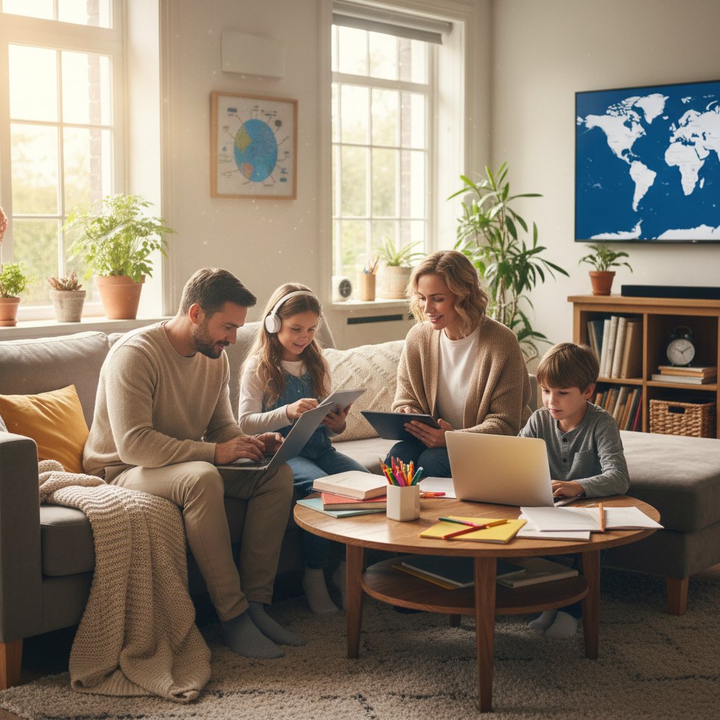 Rodzina wspólnie ucząca się online w salonie, wordwall korepetycje online