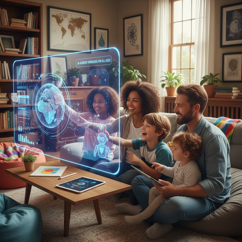 Rodzina przy stole, dzieci uczą się z laptopami, AI edukacja w domu