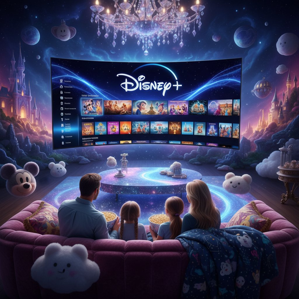 Family watching Disney+ streaming interface at home.