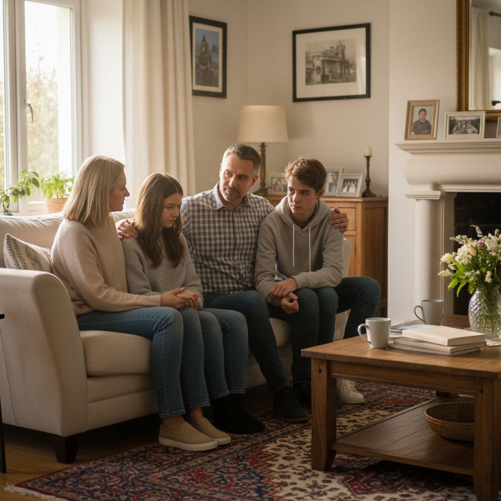Rodzina siedząca razem w salonie, wspólna rozmowa, wsparcie emocjonalne