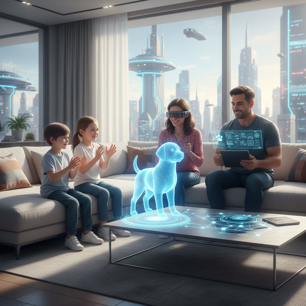 Rodzina w salonie, korzystająca wspólnie z aplikacji wirtualnego psa – digitalizacja wsparcia emocjonalnego