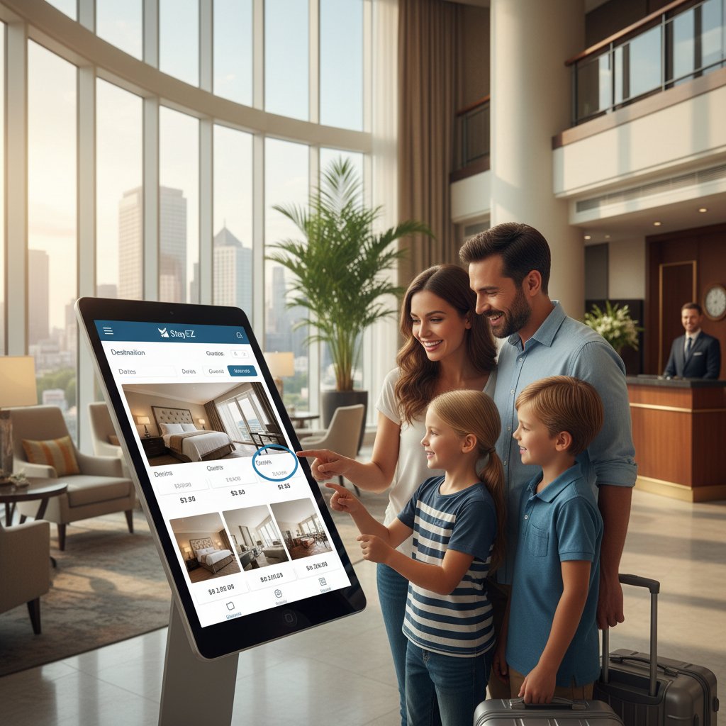 Rodzina korzysta z aplikacji mobilnej do rezerwacji noclegów w hotelowym lobby