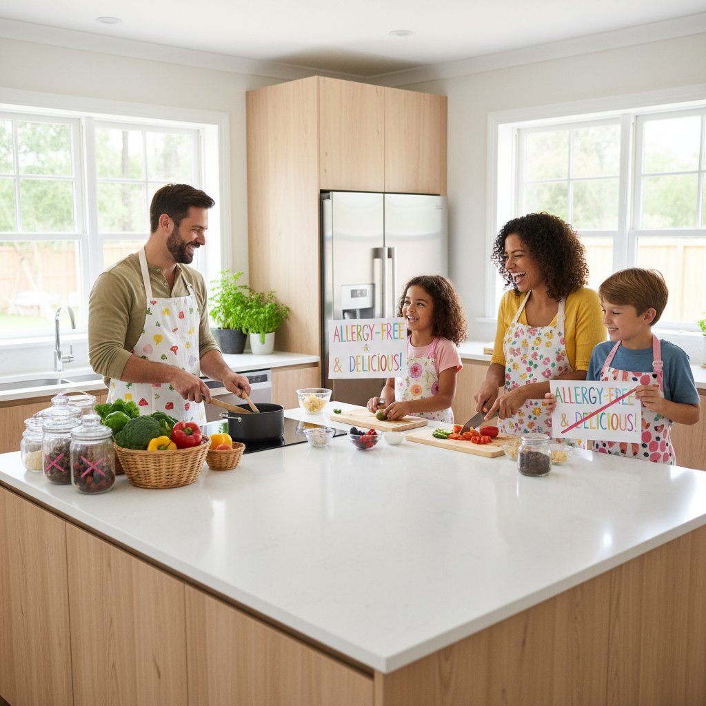 Nowoczesne gotowanie z rodziną, radość i różnorodność na stole, widoczne zamienniki i świeże produkty