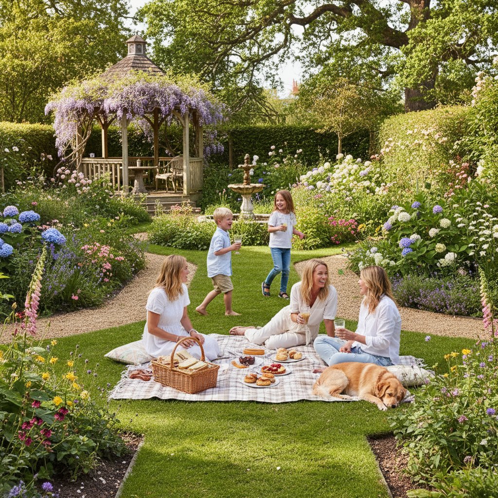 Rodzina i sąsiedzi w ogrodzie angielskim podczas wspólnego pikniku
