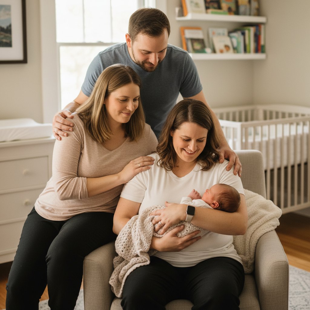 Rodzina z noworodkiem, położna tłumaczy ojcu jak pielęgnować dziecko, wsparcie całej rodziny, opieka położnej
