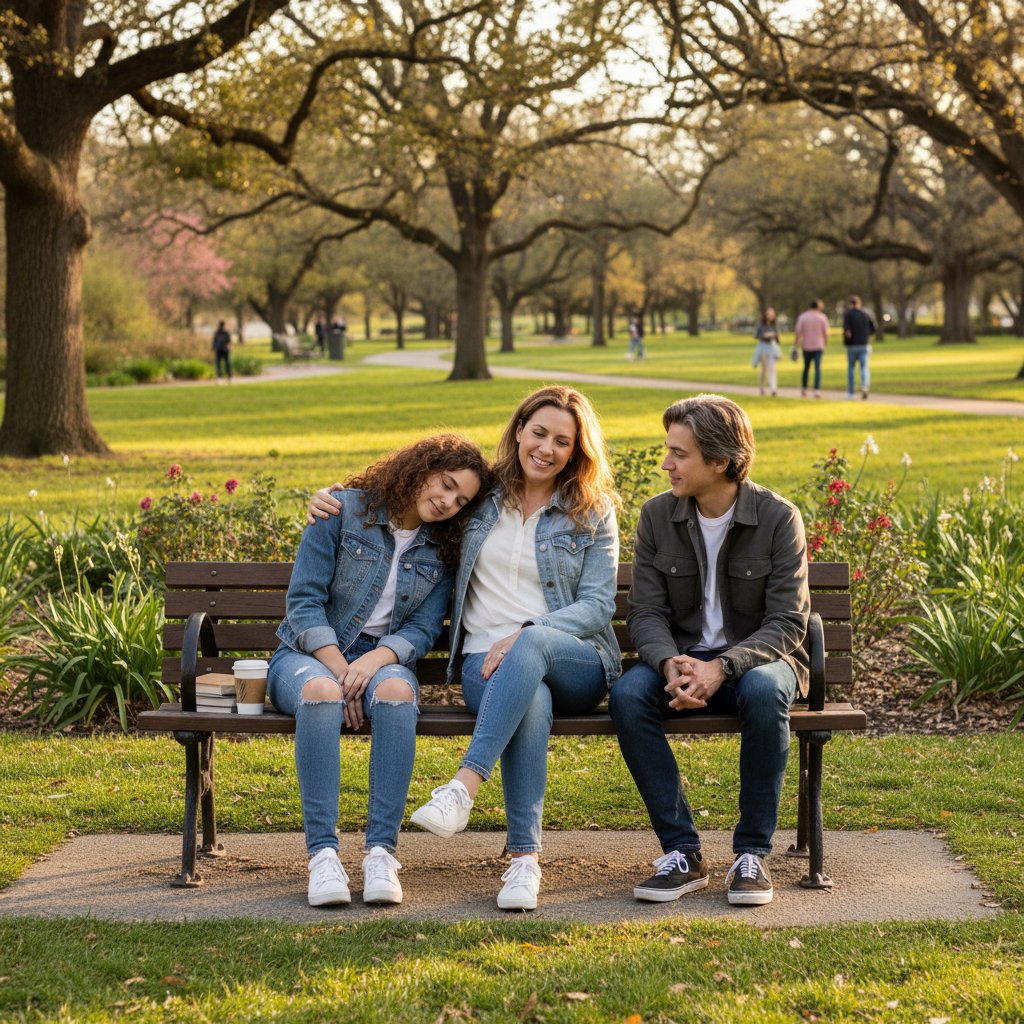 Rodzina w parku, rozmowa rodziców z nastolatkiem, atmosfera wsparcia