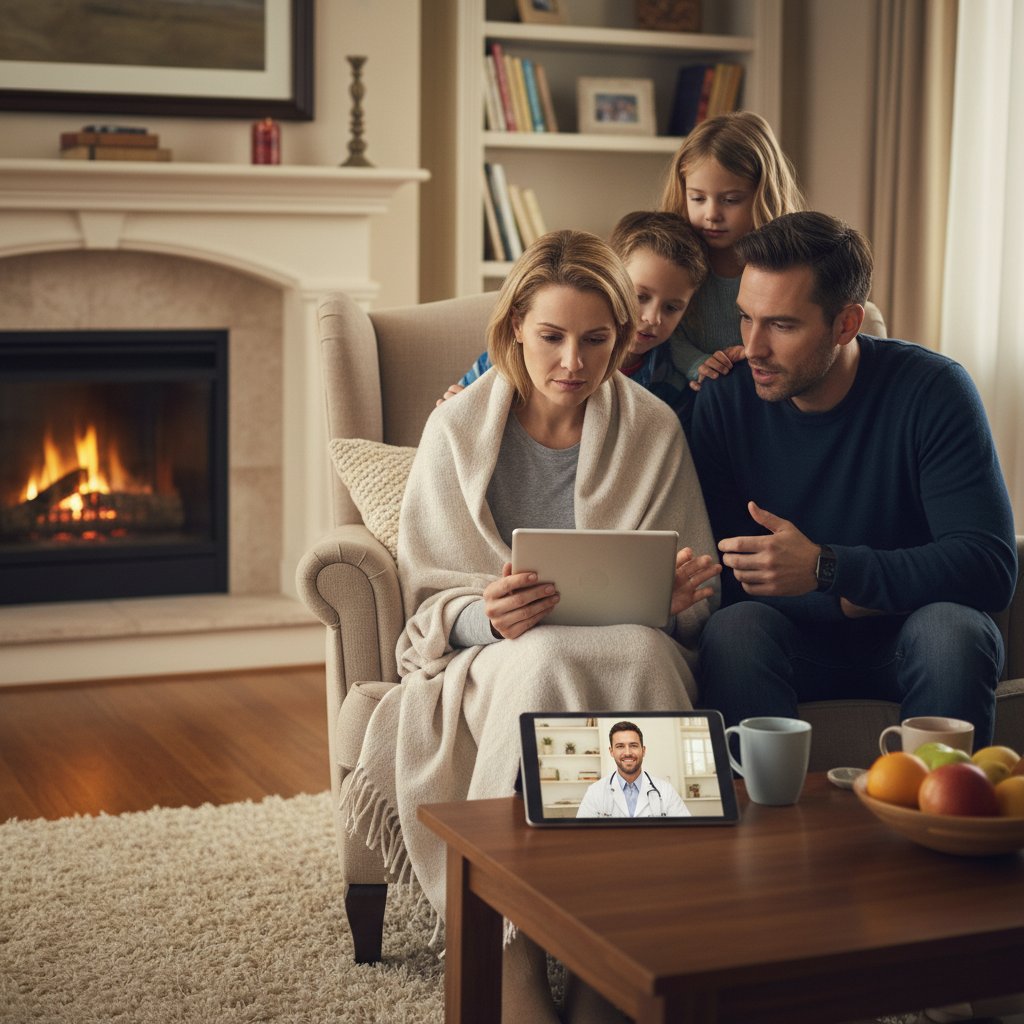 Rodzina i pacjent podczas konsultacji online w przytulnym domu
