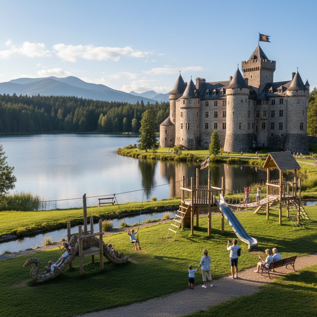 Rodzina przy placu zabaw na tle hotelu w Niedzicy z widokiem na zamek i jezioro