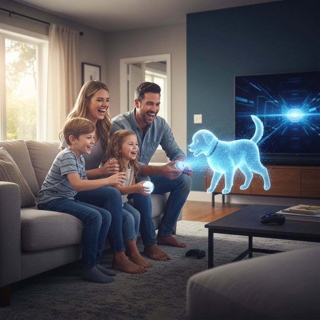 Rodzina grająca razem w grę symulującą opiekę nad psem, radosna atmosfera