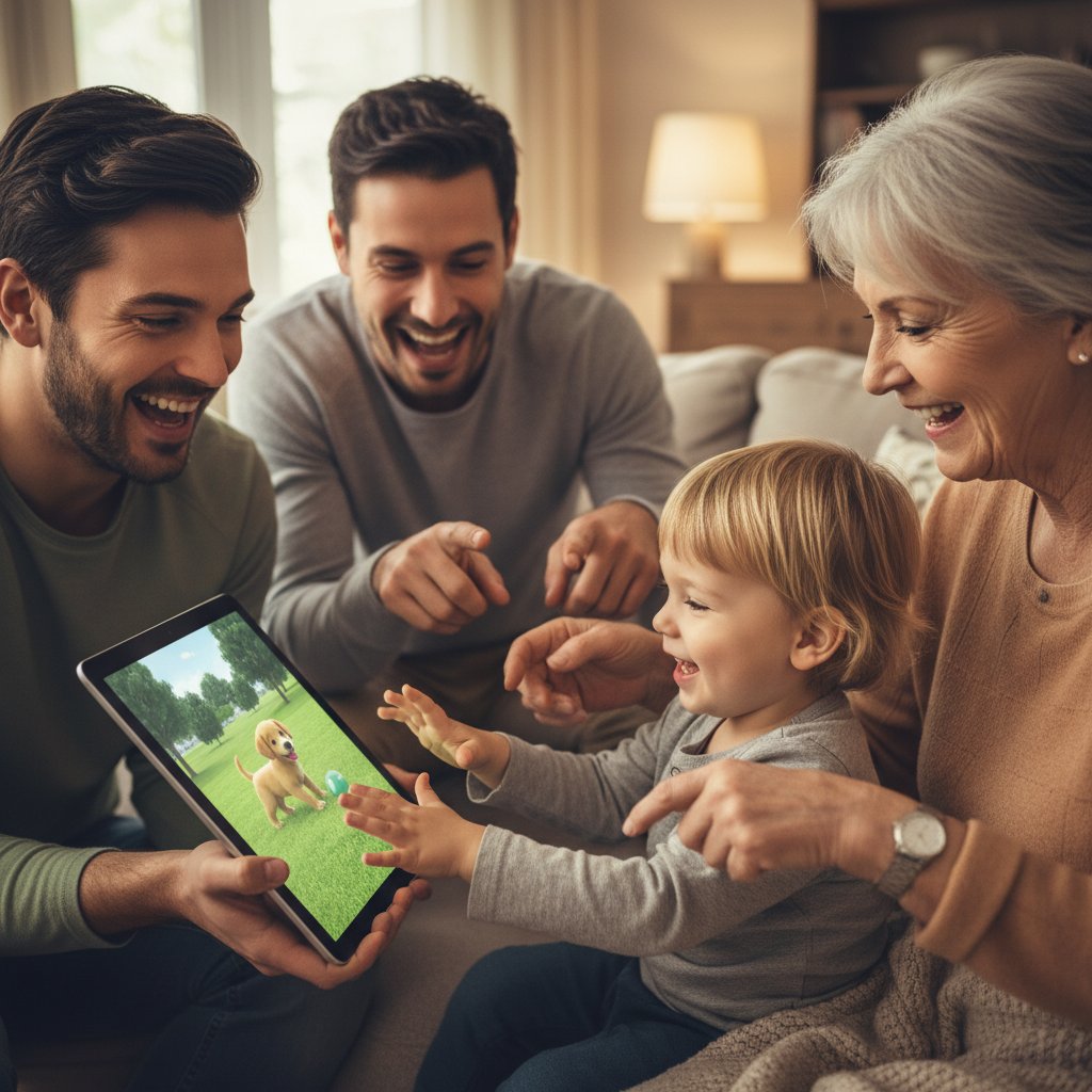 Rodzina bawiąca się wspólnie z wirtualnym psem na tablecie, radość i więź