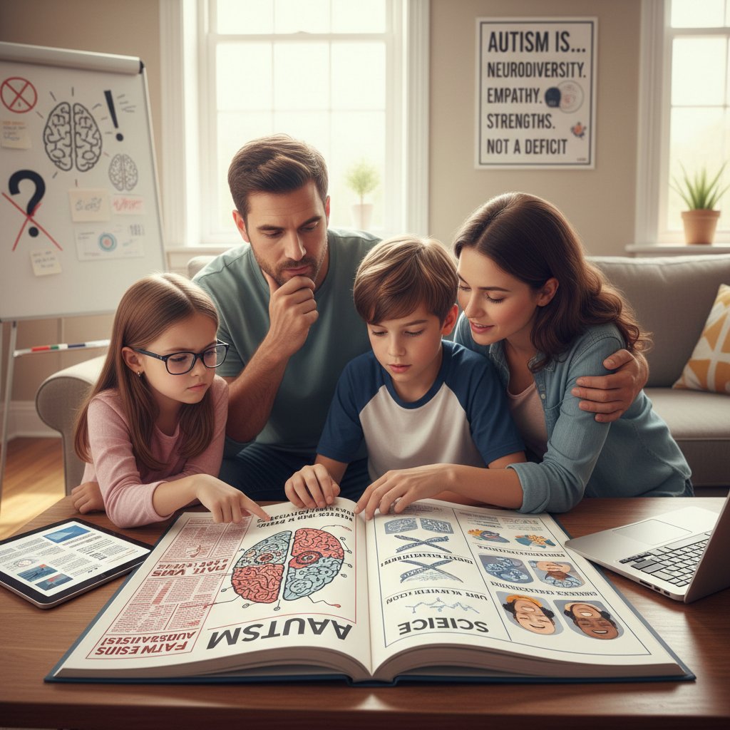 Rodzina czytająca artykuły o mitach autyzmu, kontrastująca informacje naukowe z fake newsami